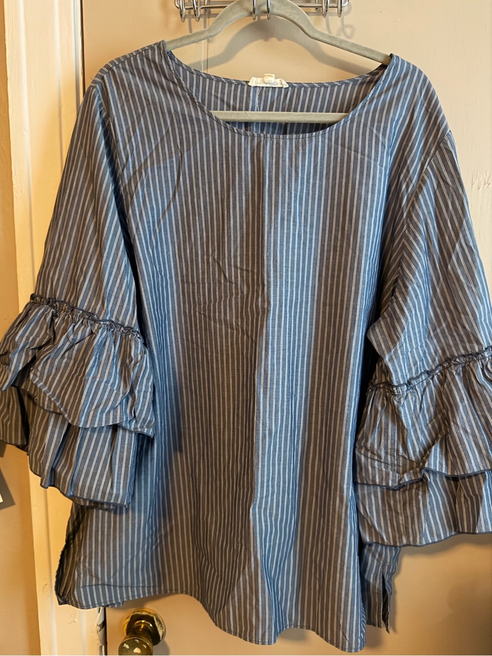 Blue Stripe Ruffle Sleeve Shirt
